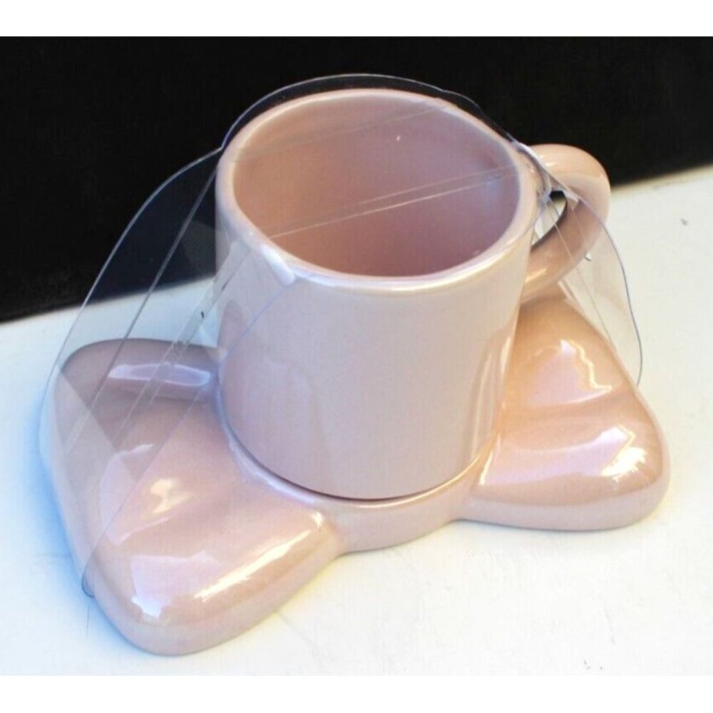 New Pink Girly Ceramic Coffee Cup Mug Tea W/ Bow Handle & Saucer Plate Set Gift